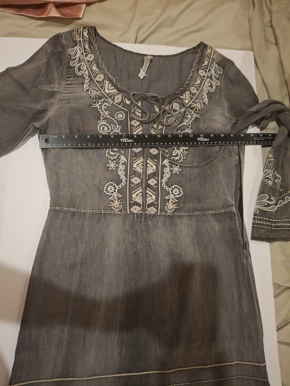 Embroidered Boho Slate Gray Peasant Dress - Picture 11 of 16